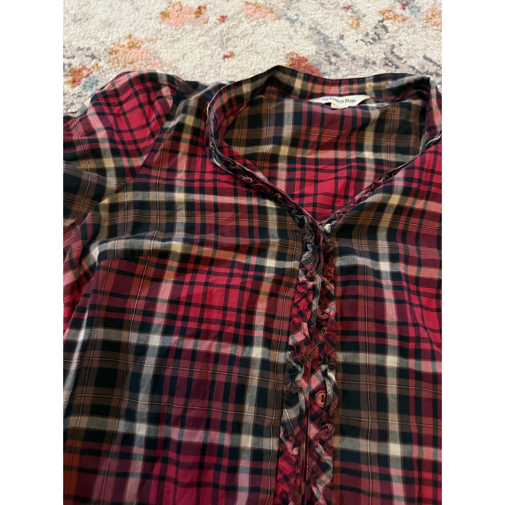 St. Johns Bay Vintage Y2K Red Black Plaid Ruffle Button Up Top Small Grunge